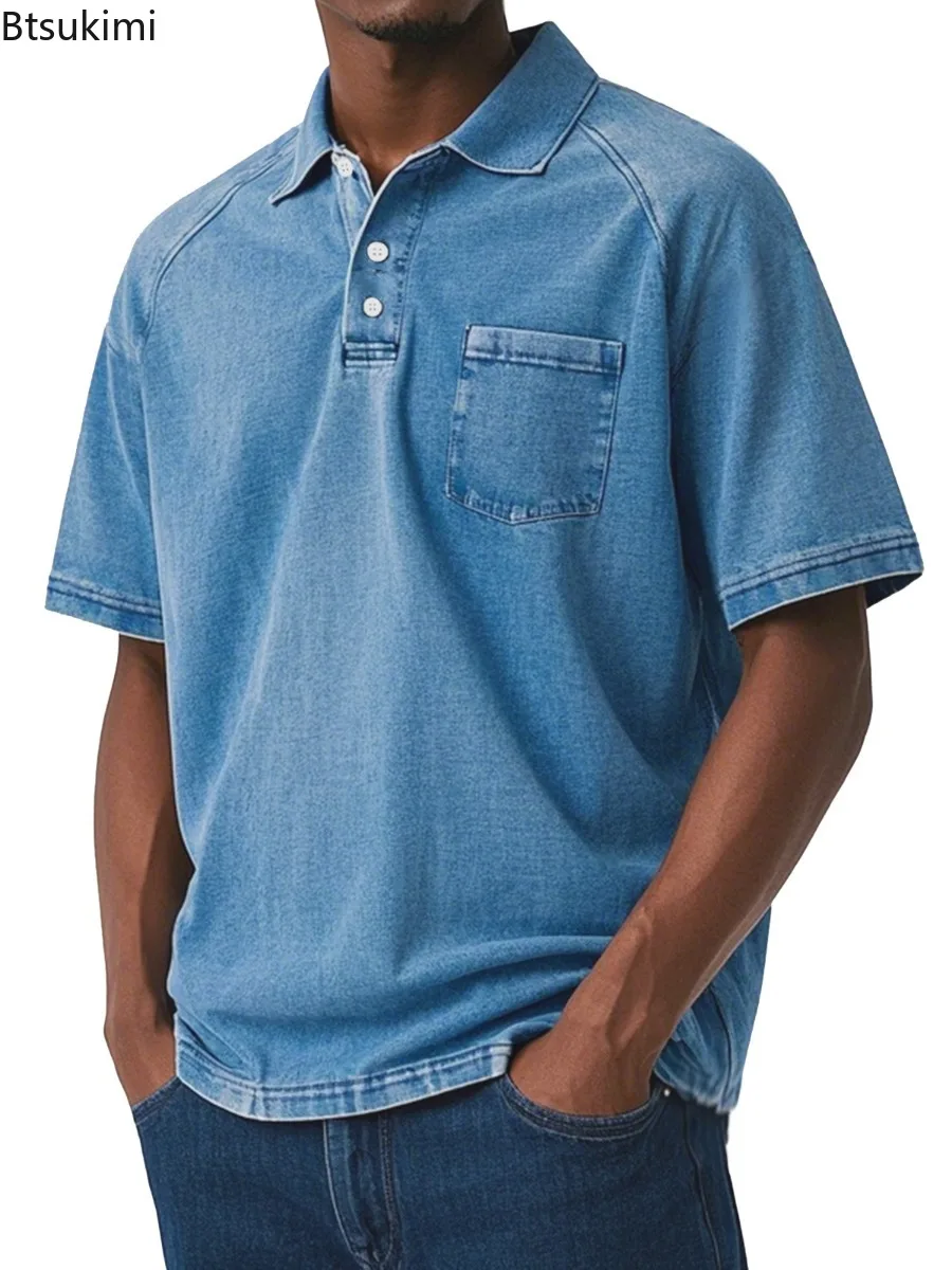 

2025 Vintage Mens Polo Shirts Solid Color Lapel Short Sleeve Tops Summer Fashion Casual Retro T-shirts Pullover Streetwear Male