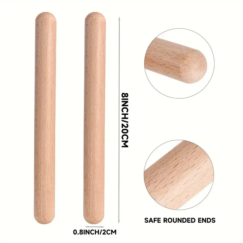 8PCS Unfinished Natural Wood Rhythm Sticks, 8 Inch Smooth Light Color Craft Sticks for Classroom Percussion Instruments, Music