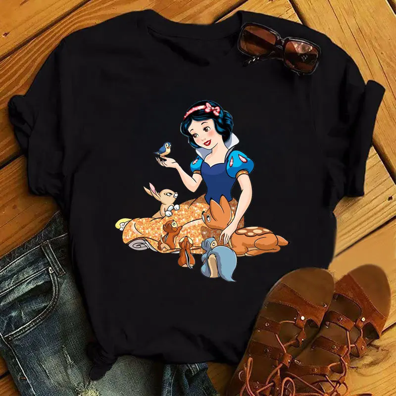 Disney Princess Print Women's Crew Neck Top Casual Ladies T-Shirt Harajuku Summer Women's Top