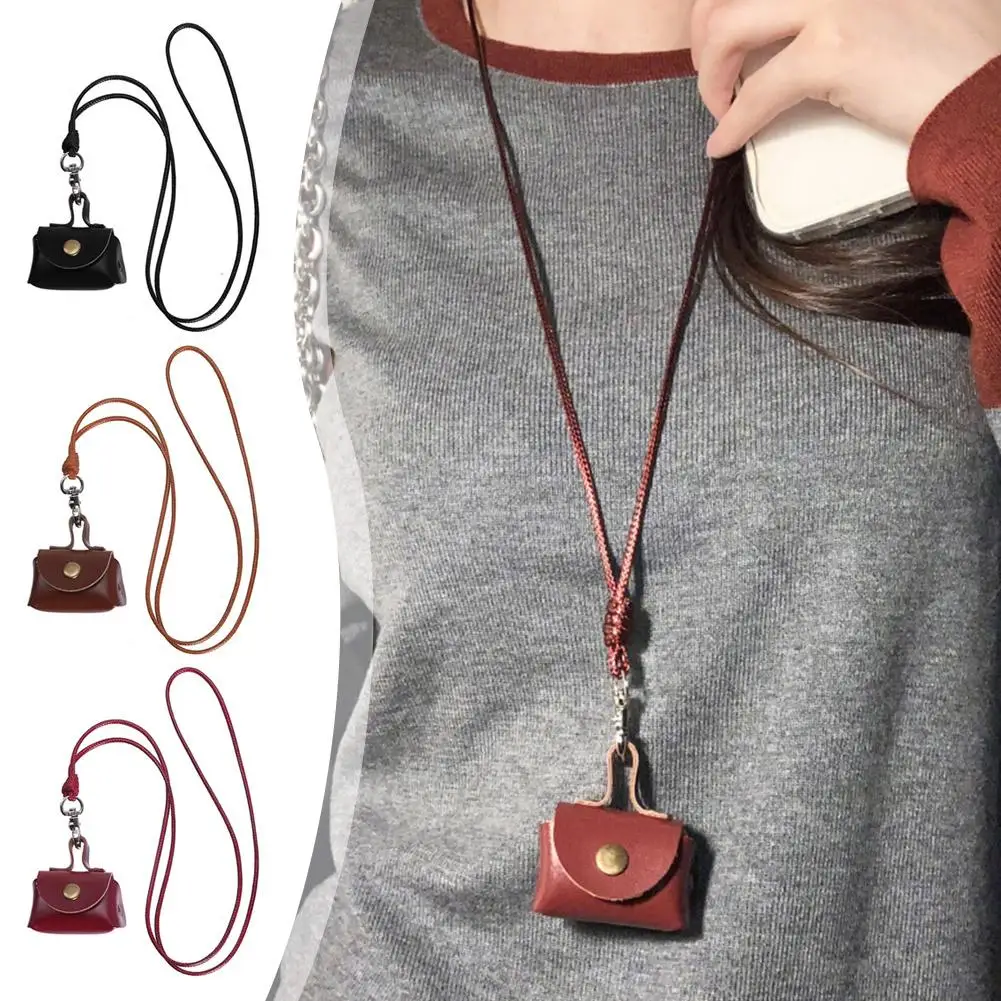 

Vintage Cute Small Leather Coin Purse Pendant Long Necklace for Women Stylish Sweater Chain Jewelry Versatile Hanging Acces E9W3