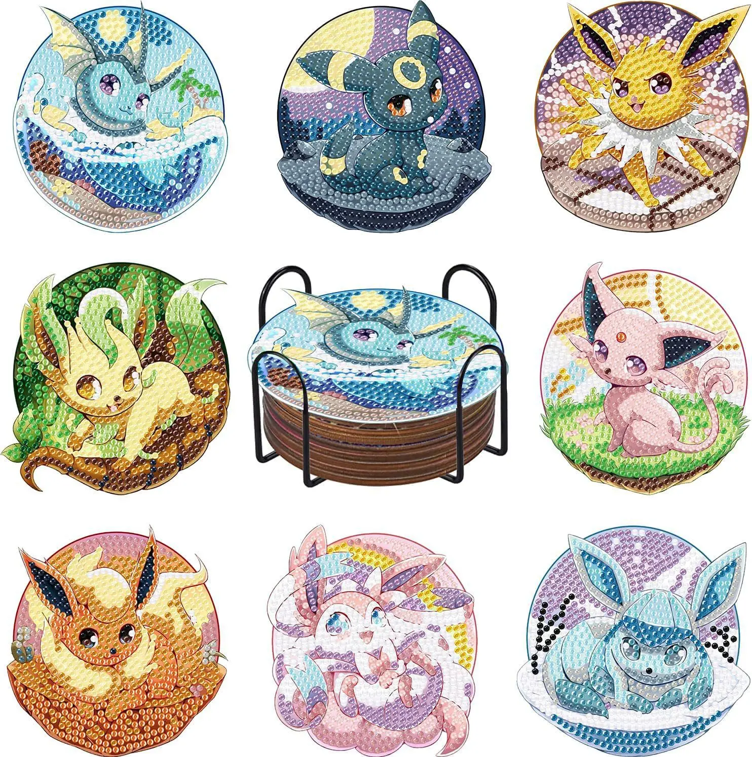 

8Pcs DIY Crystal Super Glitter Diamond Painted Wooden Art Coaster with Stand Pokémon Style Handiwork Dot Drill Embroider