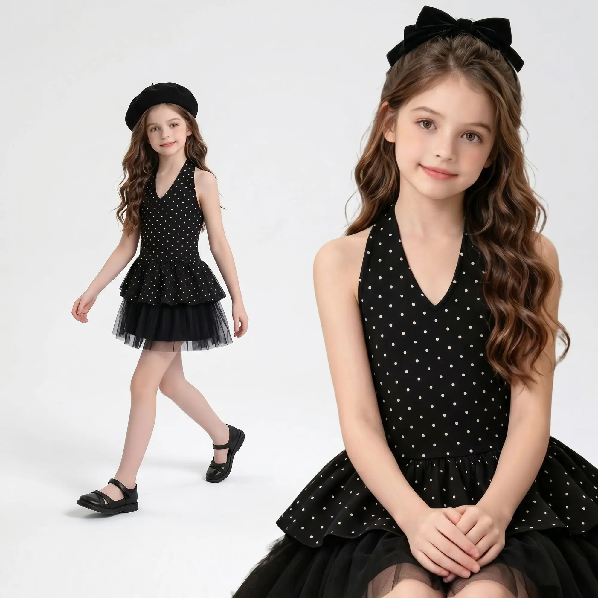 Toddler Baby Girl Vintage Polka Dot Halter Dress V-Neck Tiered Tulle Skir Sleeveless A-Line Princess Party Gown for Little Girls