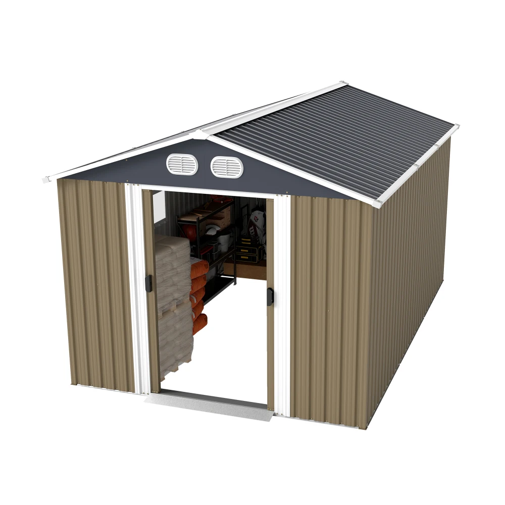 Campcraft 8x12 FT Outdoor Metal Storage Shed, Large Storage Sheds with Sturdy Frame Structure, Metal Garden Tool Shed with Lockable Door for Garden, Lawn, Backyard, Brown