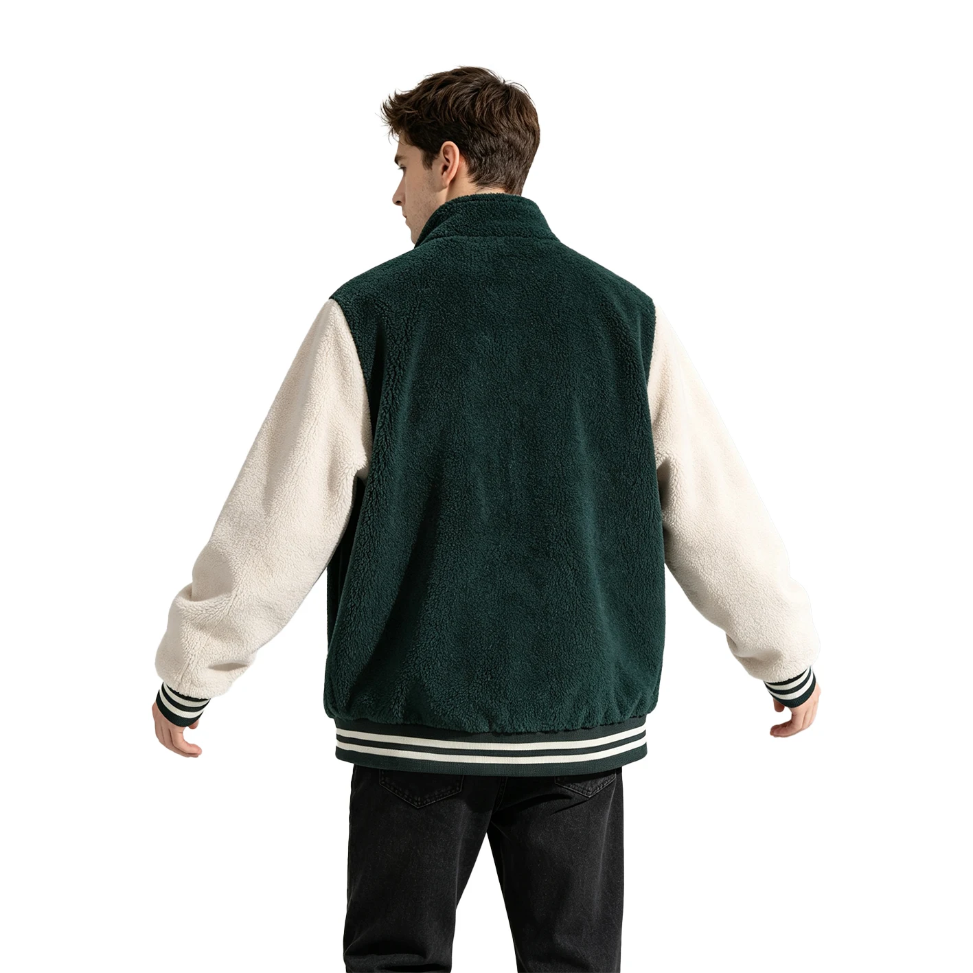 Men's Winter Fleece Varsity Jacket Loose Fit Stand‑Collared Color Block Patchwork Embroidery Zipper Warm Casual Outerwear Coat