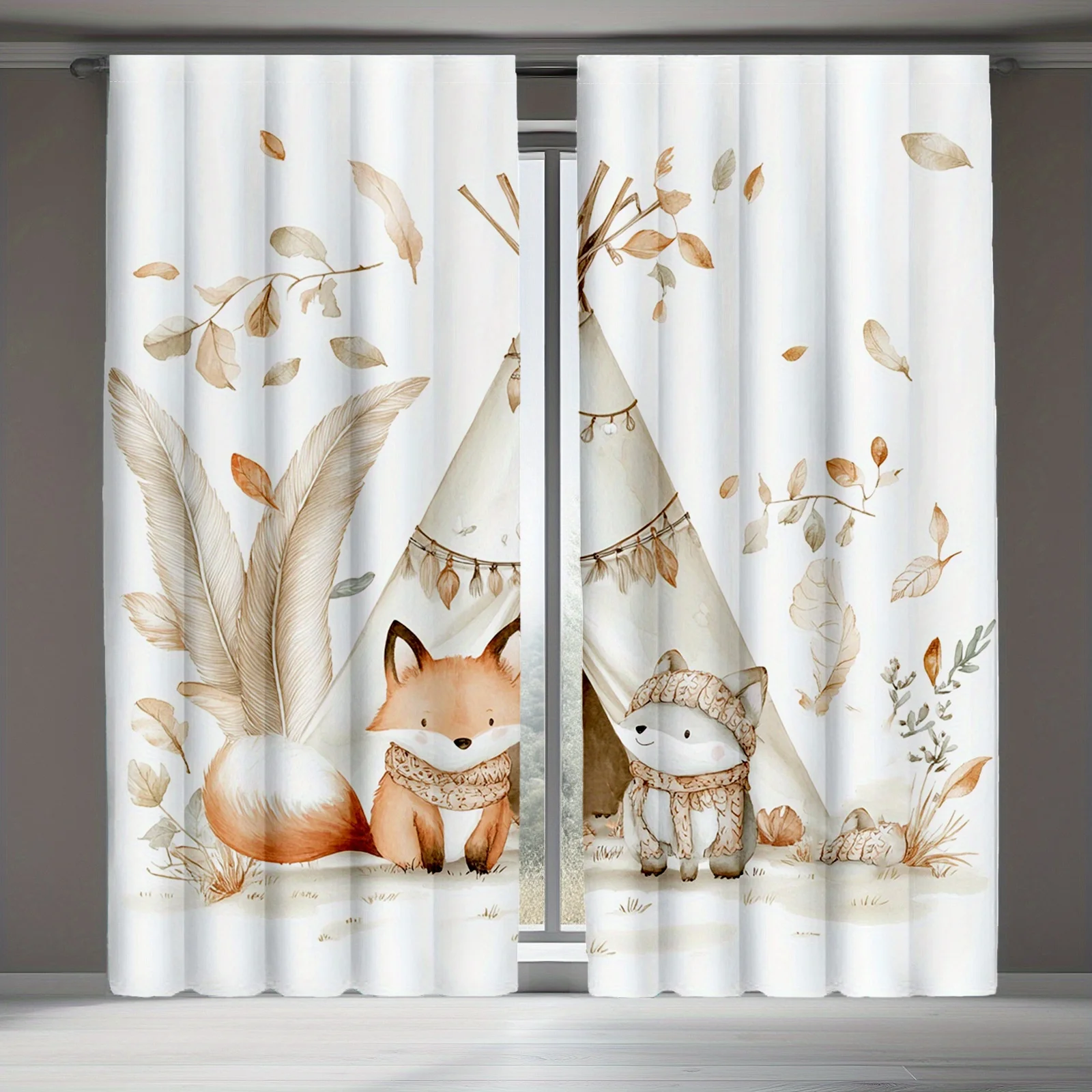 Cortina de janela boho com estampa de raposa e urso, 2 peças, com penas de tenda tipi e folhas de outono para decoração de quarto infantil, sem varão de cortina.