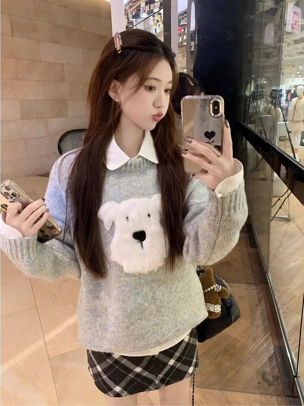 

Heavyweight ey Plu Cartoon Dog Sweater Women's Korean Sle Loose Fufu off oulder Autumn Winter Faion Commute
