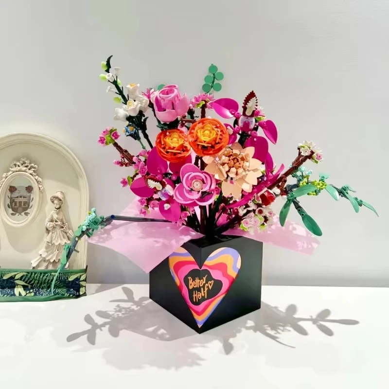 

749PCS MOC beautiful pink bouquet building blocks creative home desktop plant decoration assembly brick toy party gift