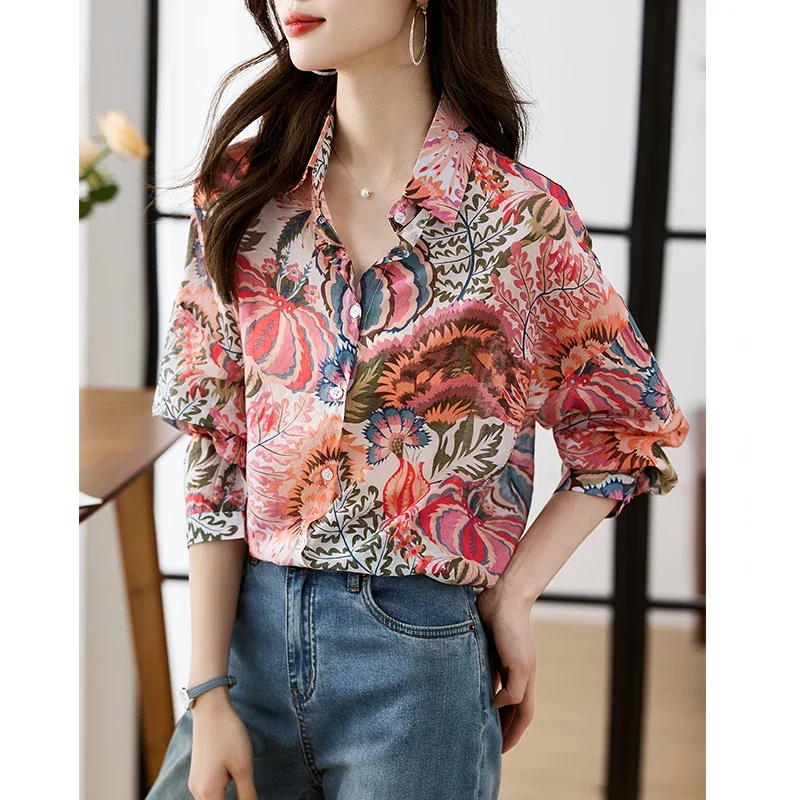 Floral Women Shirt 2025 Fashion Autumn New Printing Women's Clothing Polo-Neck Straight Long Sleeves Shirt OL Button Women Tops