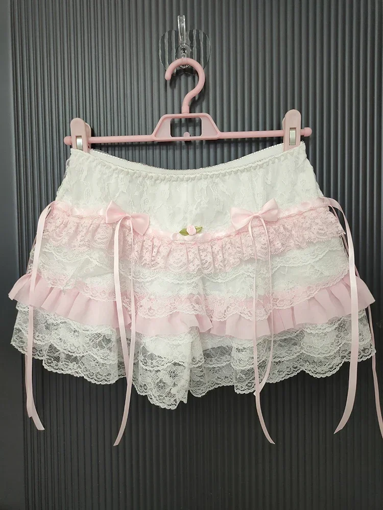 Cute Safety Pants Sweet Girls Flower Bows Pink Lace Patchwork Elastic Waist Lolita Multilayer Bottoming Shorts Kawaii Clothes