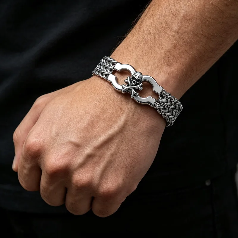 Stainless Steel Braided Double Row Front and Rear Fish Scale Magnetic Buckle Bracelet with Skull Jewelry New Model