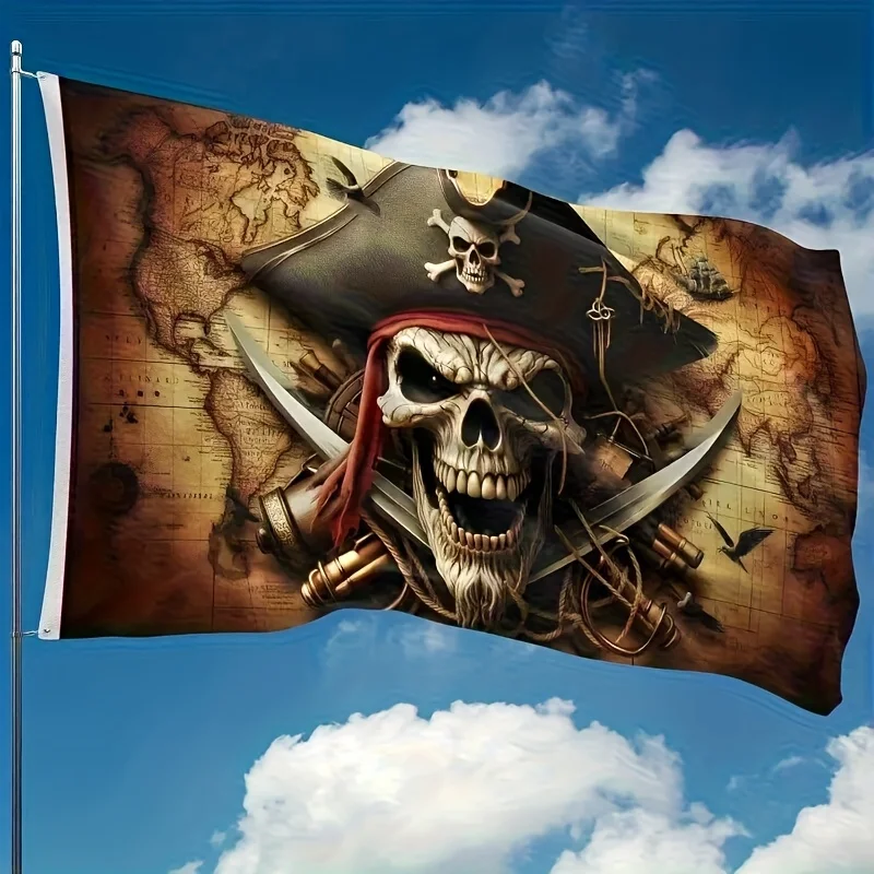 

Pirate Flag with Skull and Crossbones Sword and Cannonball Design Jolly Roger Polyester, Double-Sided Print Background