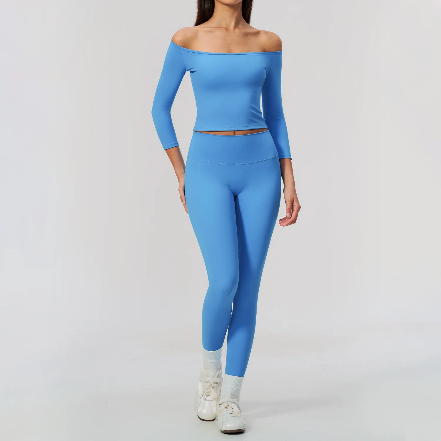 Women 2 Piece Yoga Set Crop Top 3/4 Sleeve Off Shoulder High Waist Flare Pants Push Up Gym Workout Running Fitness Activewear