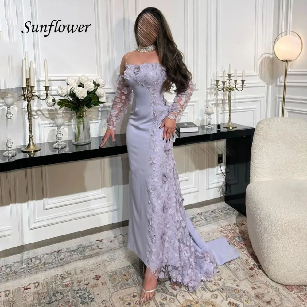 Sunflower Off the Shoulder Appliques Mermaid Evening Dresses Saudi Arabia 2023 Slim Crepe Floor-Length Party Gowns Prom Dress