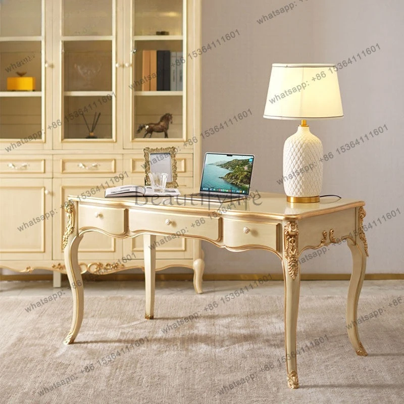 

French light luxury solid wood desk and chair American retro carved office bookcase combination