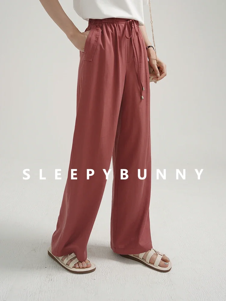 Summer Wide Leg Pants Women High Waist Drawstring Loose Fit Long Trousers Lightweight Breathable Soft Cooling Casual Wear Outfit