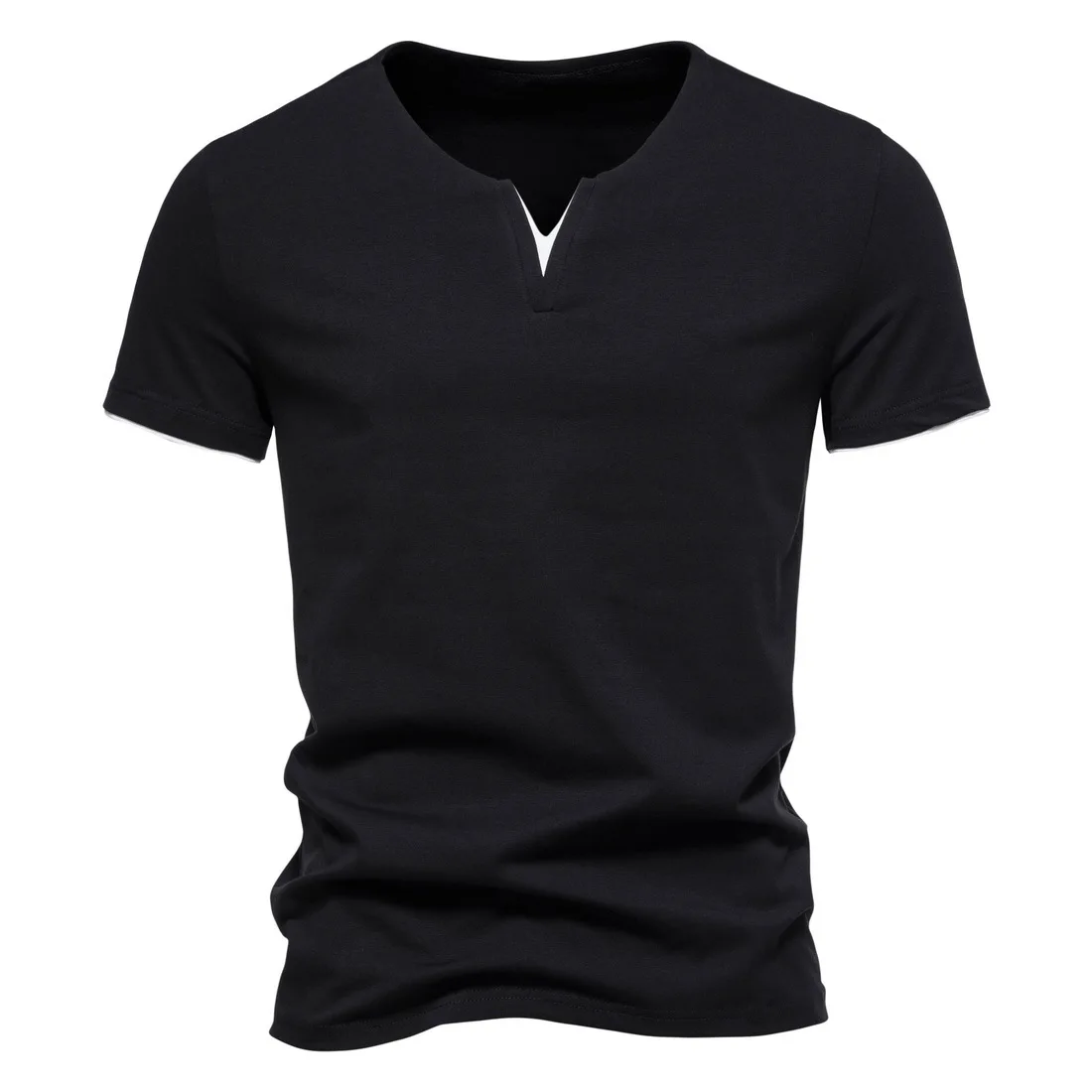 New fake two-piece V-neck T-shirt men's short sleeve solid color men's summer American stretch base shirt