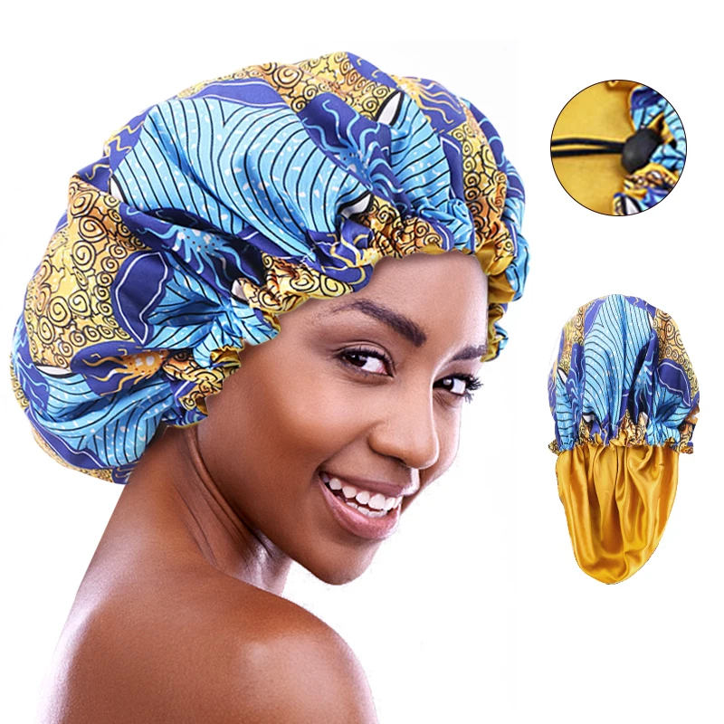 Women Large Satin Ankara Bonnets Elastic Lined African Head Sleep Bonnet Female Wrap Cap Print Head Cover Bonnets Turban