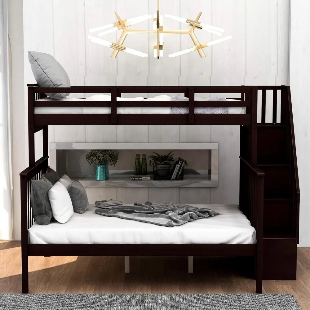 Stackable Twin-Over-Full Bunk Bed with Stairway, Wood Storage Bunk Bed, Detachable Bunk Beds can Be Divided into 2 Beds