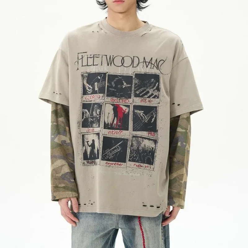 Autumn Japanese Retro Fake Two Piece Long Sleeved T-shirt for Men Ruffian Cool Streetwear Top Camo Splicing Sweatshirts Trendy