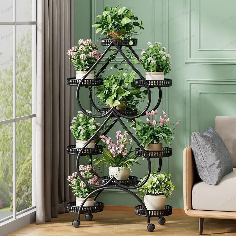 Flower Pot Frame Living Room Balcony Heartshaped Shelf for Flowers Iron Art Multilayer Belt Wheel Plant Stand Floor Type