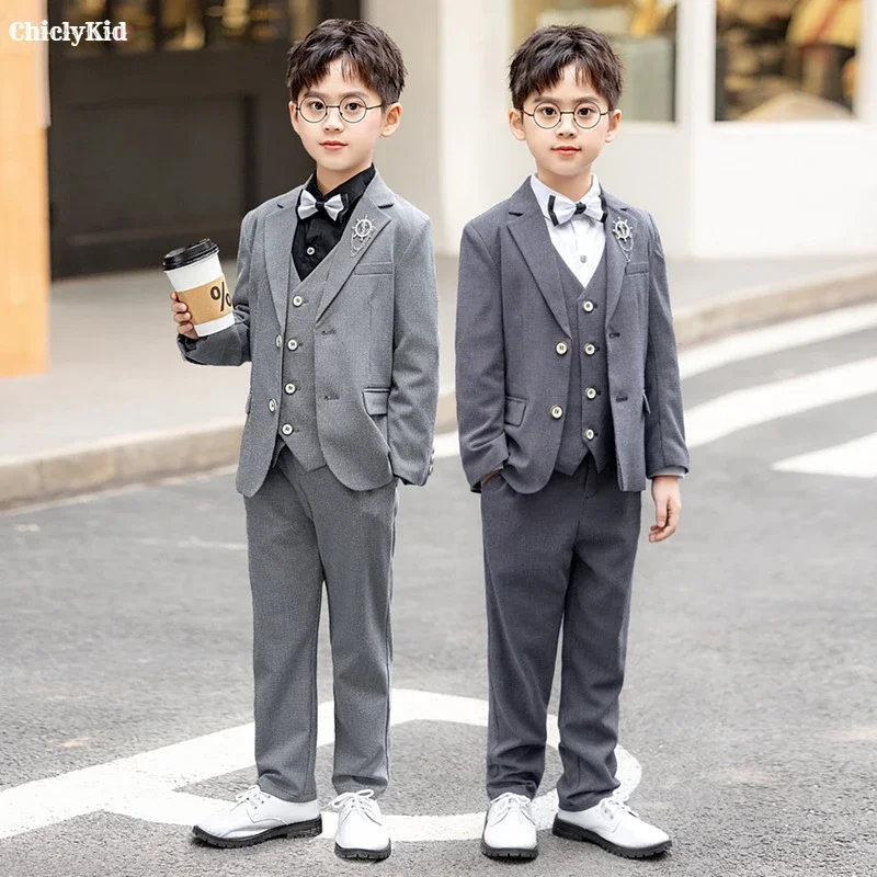 

High Quality Kids British Wedding Suits Formal Dress Boys Blazer Waistcoat Pants Clothes Sets Child Party Outfit Toddler Tuxedos