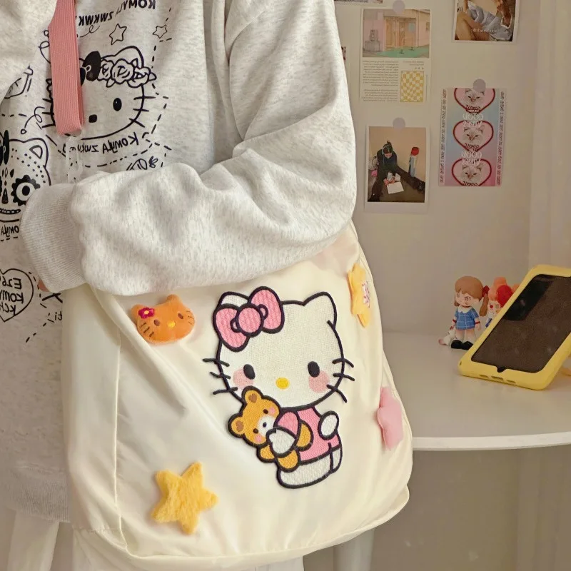 MBTI Hello Kitty Womens Tote Bag Embroidery Nylon Large Capacity Cute Cartoon Shoulder Bag Casual Commuter Travel Female Handbag