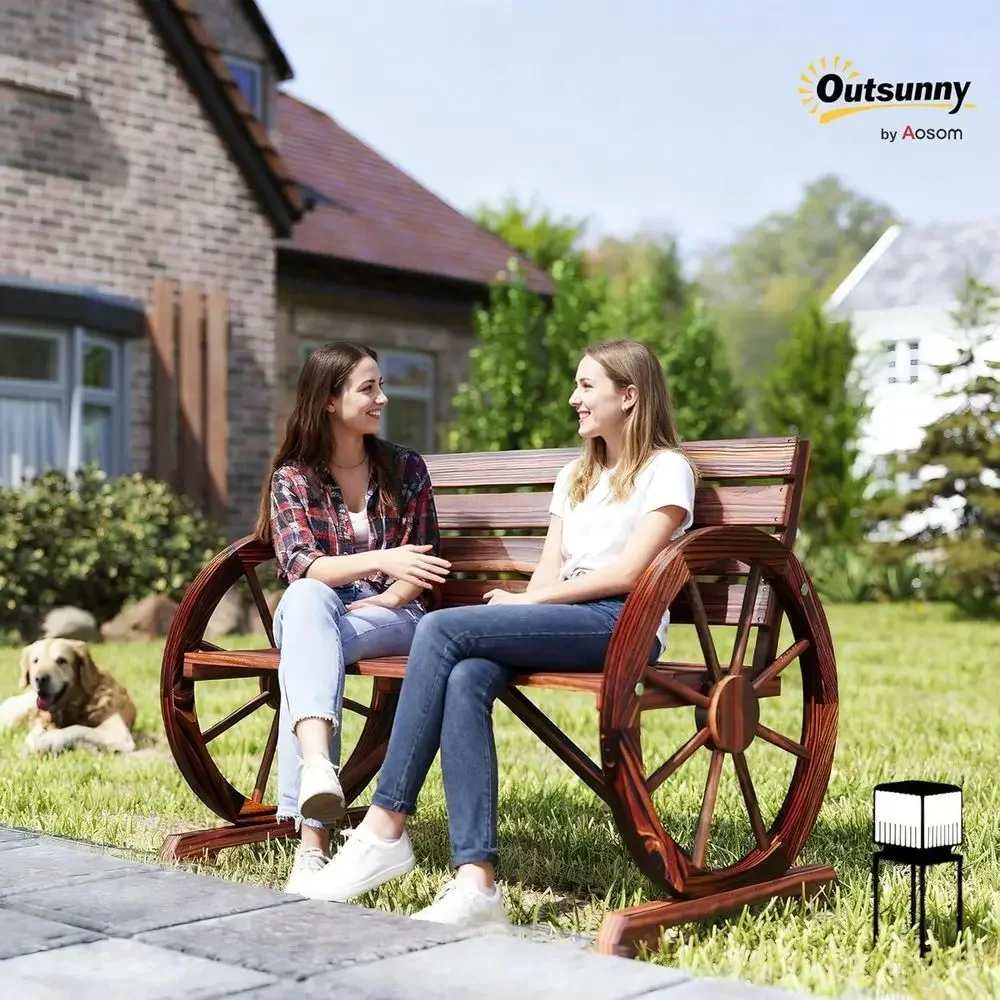 41 Rustic Wooden Wagon Wheel Patio Bench, Weather-Resistant Outdoor 2-Person Seat with Backrest