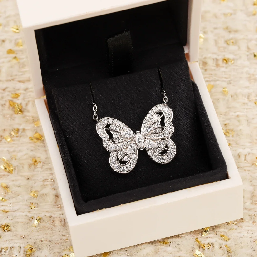 

New Europe 925 Sterling Silver Crystal Diamond Butterfly Pendant Necklace Women Top Qualit Fine Jewelry Trend