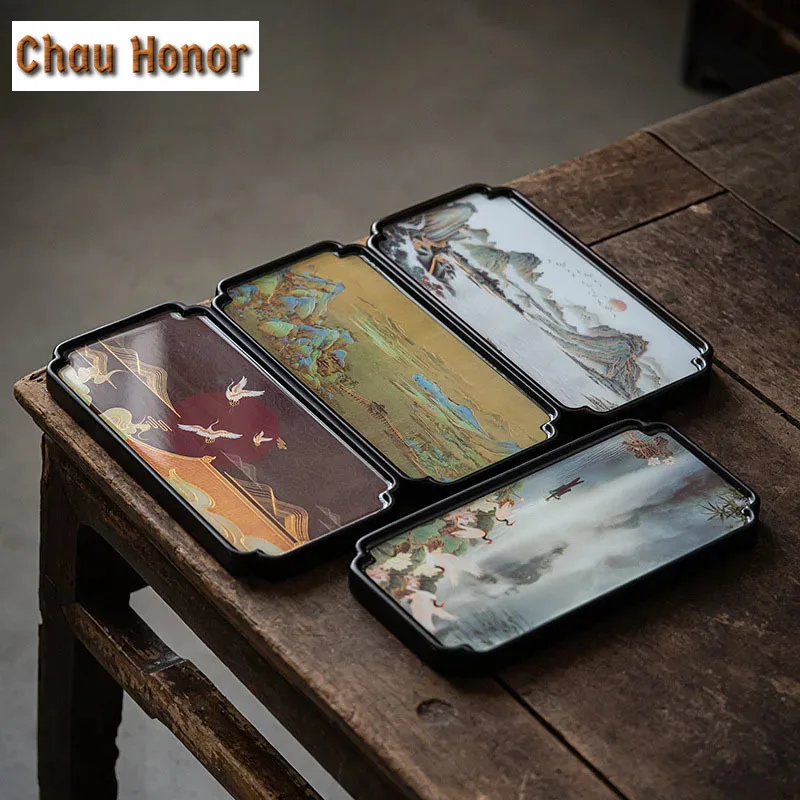 

30x15cm Landscape Painting Small Tea Tray Bamboo Tray Tea Table Teaware Holder Kung Fu Tea Set Dry Brewing Plate Tea Ceremony