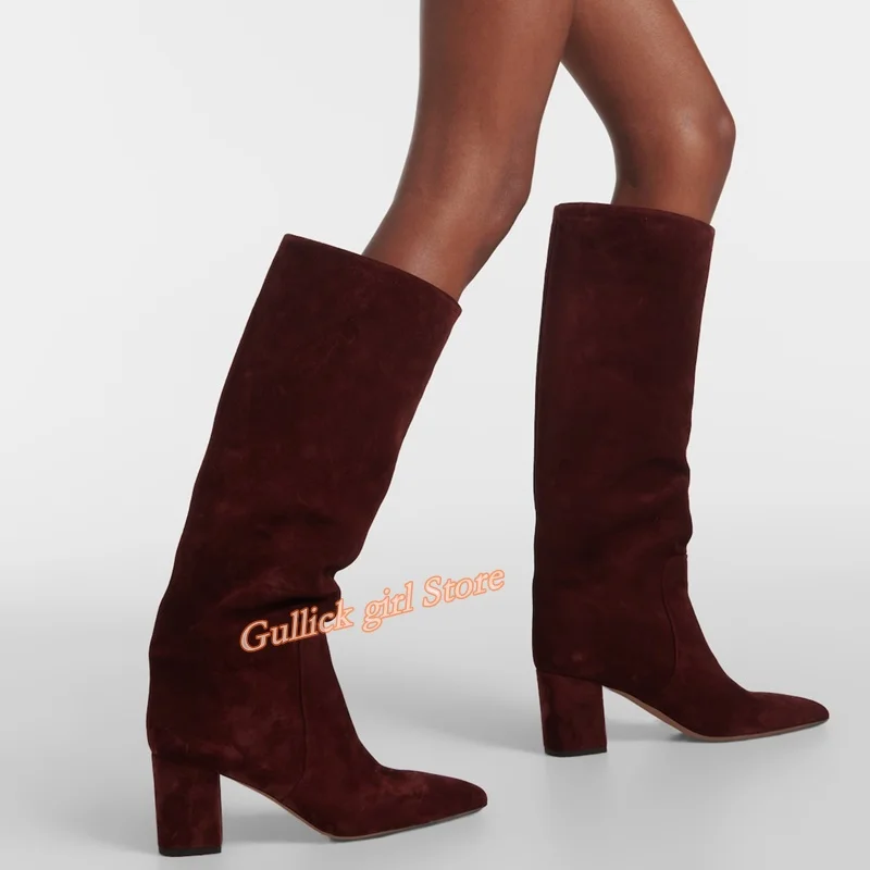 Burgundy Block Heel Suede Boots Sexy Pointed Toe Knee High Runway 2024 Women Shoes Square Slip On Leather Lining Winter Shoes