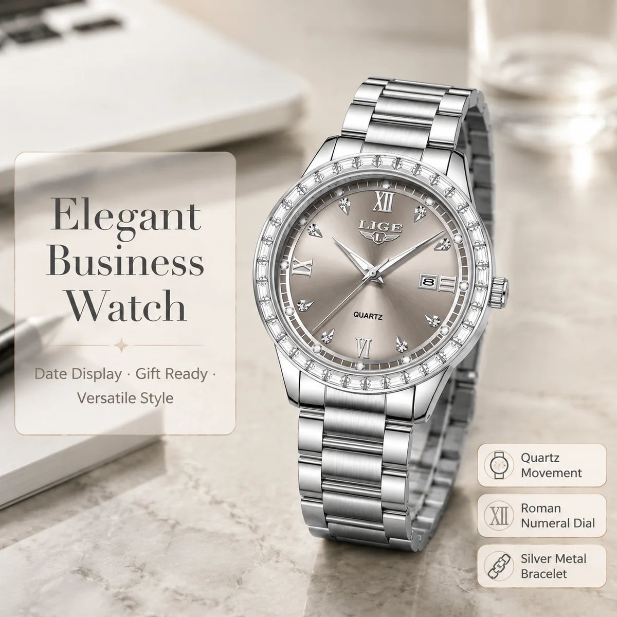 LIGE 2026 Luxury Women Wristwatch Calendar Quartz Watch Ladies 3ATM Waterproof Elegant Dress Watch Gift Watch for Women Reloj