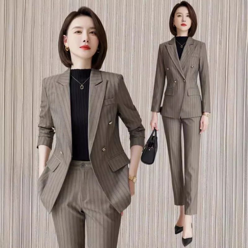 Khaki Suit Women's Spring and Autumn High-Grade Striped Business Wear Temperament Goddess Formal Suit Suit Overalls