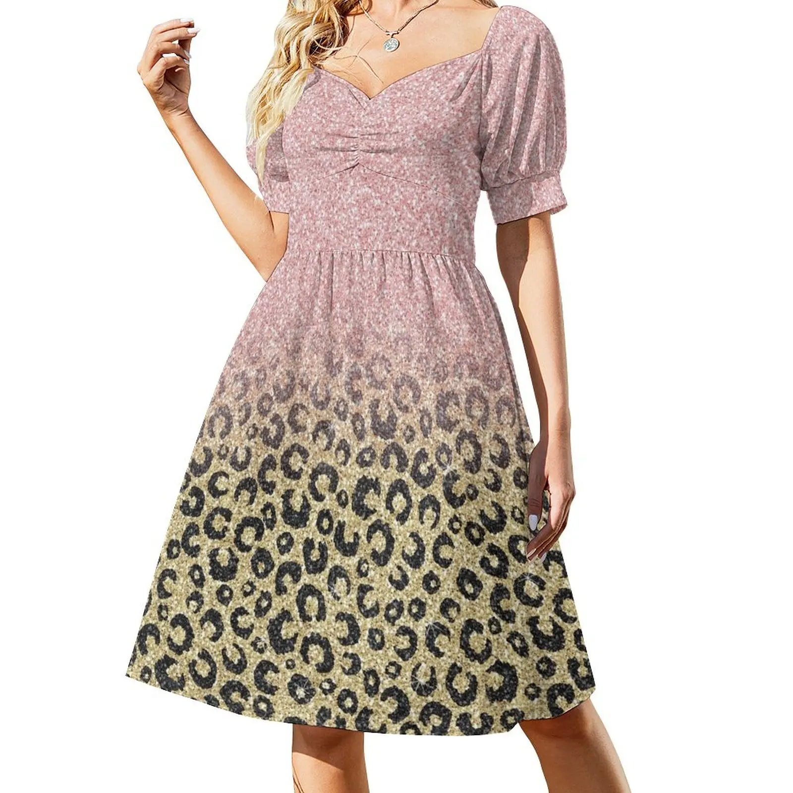 

Elegant Rose Gold Glitter Black Leopard Print Short-Sleeved Dress Elegant gown Women's summer suit Women's long dress