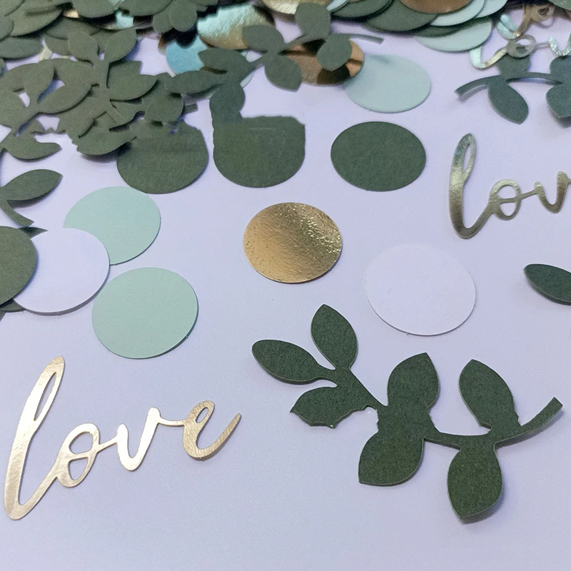 100 Pcs Sage Leaves Green Gold Round Love Paper For Wedding Birthday Party Desktop Throwing Confetti DIY Decor