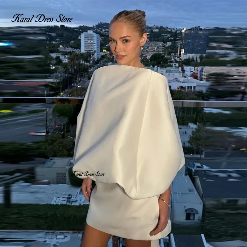 

Karal Simple Ivory Short Evening Dresses Satin Modern Mini Formal Prom Dresses O-Neck Wedding Party Gowns Vestidos Customized