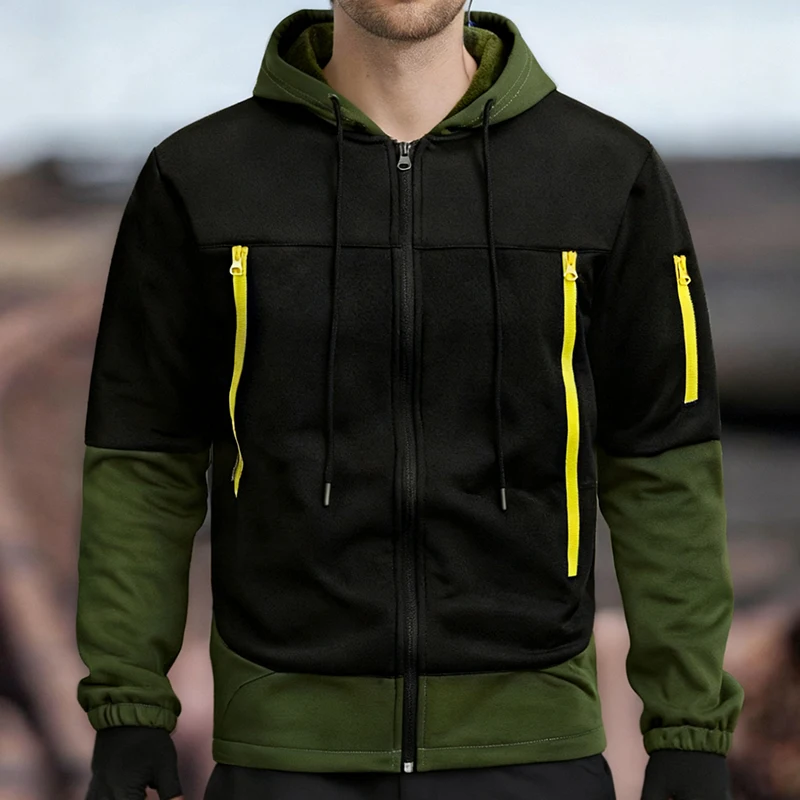 الرجال خريف شتاء دافئ في الهواء الطلق سترة التكتيكية صوف مبطن Colorblock المرقعة أبلى زمم معطف مقنع مع جيوب سستة #6