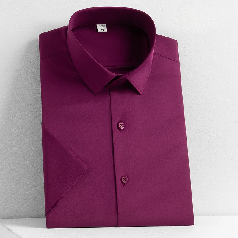 New in shirt Silk elastic short sleeve shirts for men slim fit formal plian shirt solid color office business elegants clothes