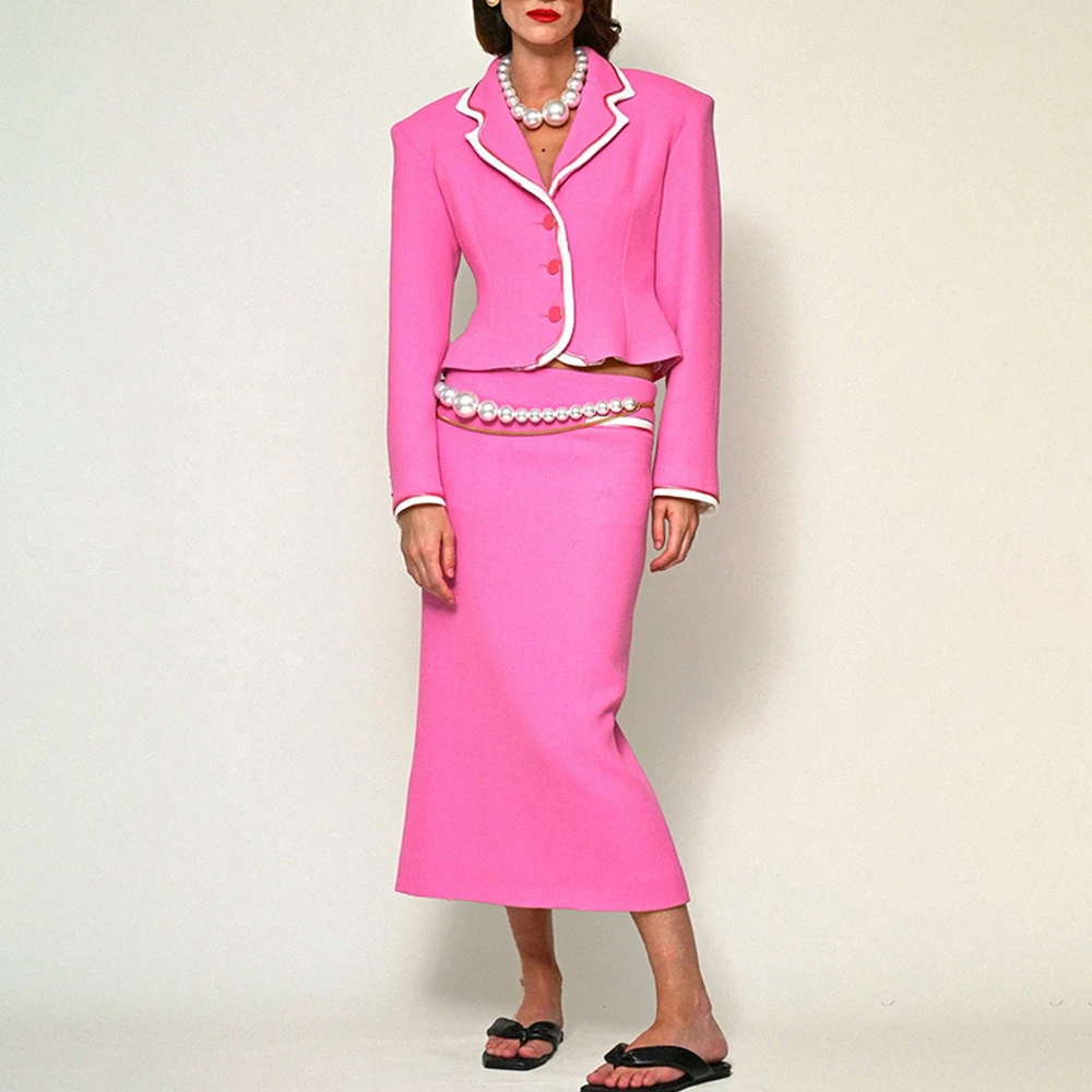 TWOTWINSTYLE Elegant Two Piece Set For Women Notched Collar Long Sleeve Coat High Waist Bodycon Skirt Chic Sets Female Fashion