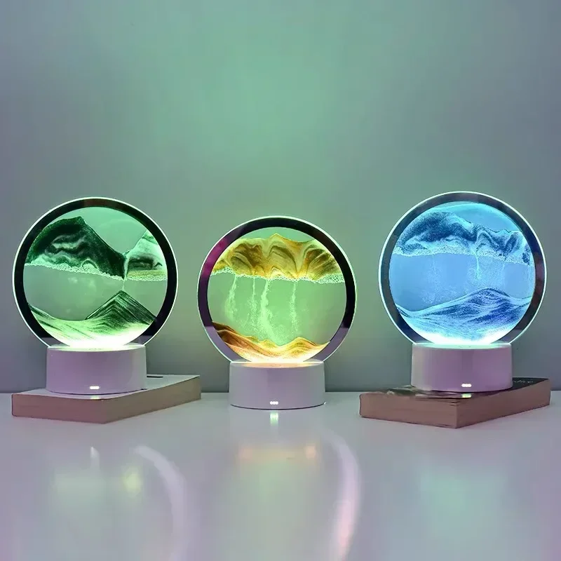 3D LED 16 Colors Sandscape Lamp RGB Hourglass Light Moving Sand Art Frame Night Light with Deep Sea Display New Year Gift