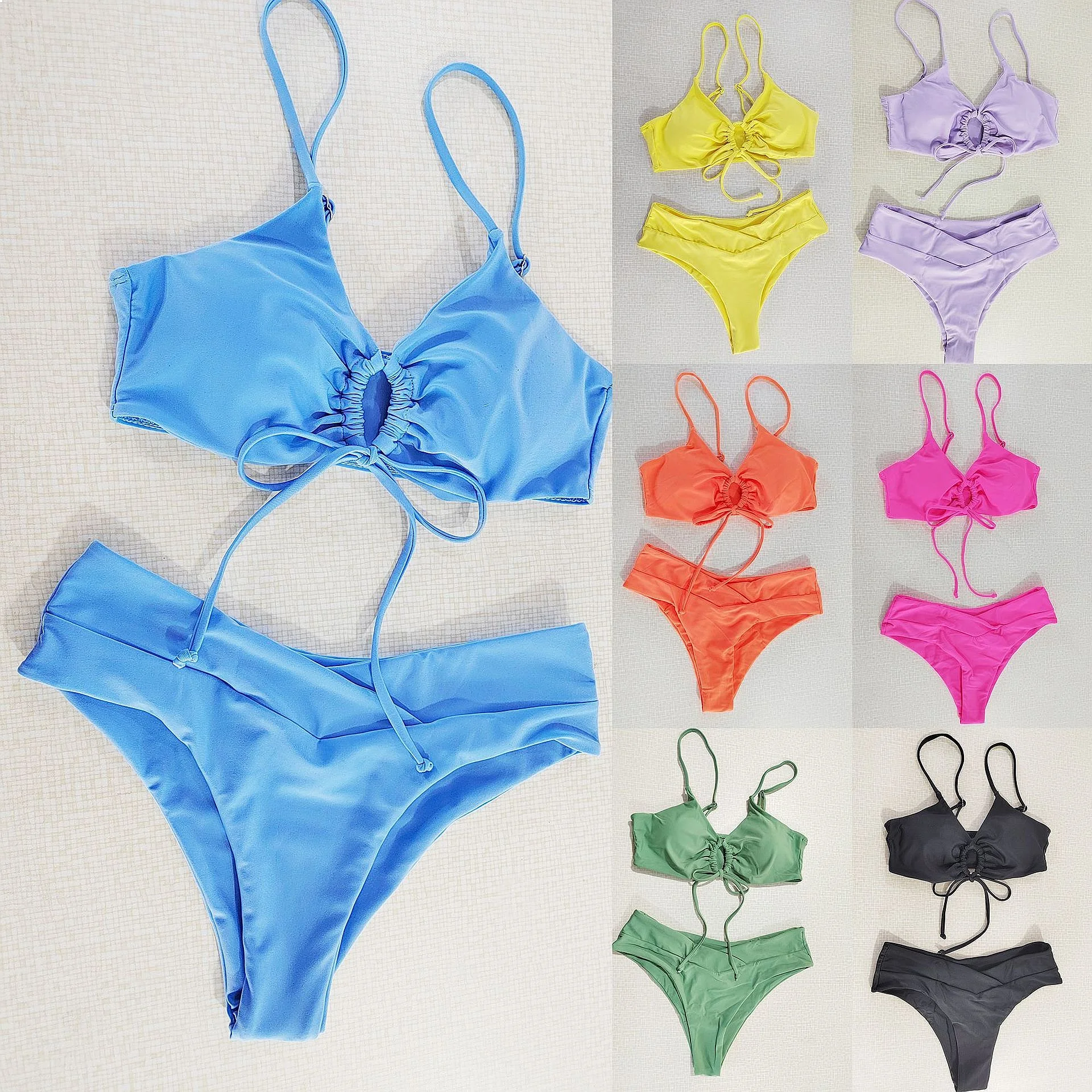 2026 New Solid Color Halter Bowknot Tie Front Bikini Set Sexy Swimwear for Women Summer Beach Pool Daily Wear
