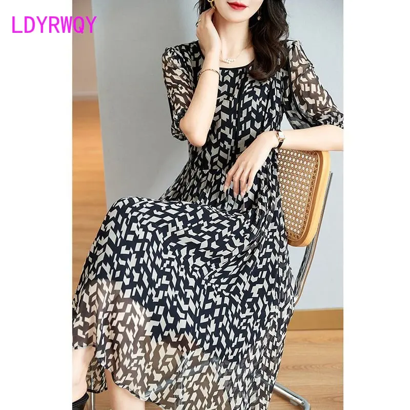 

Dress fashion over-the-knee temperament 2023 summer new style Knee-Length O-Neck