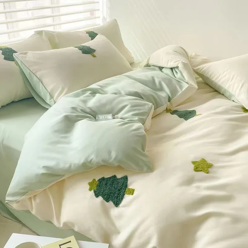 Ins Embroidery  Bed Linen Twin Full Queen King Size  Bed Sheets Set  Adults Kids Floral Bed Flat Sheet Pillowcase Christmas Gif
