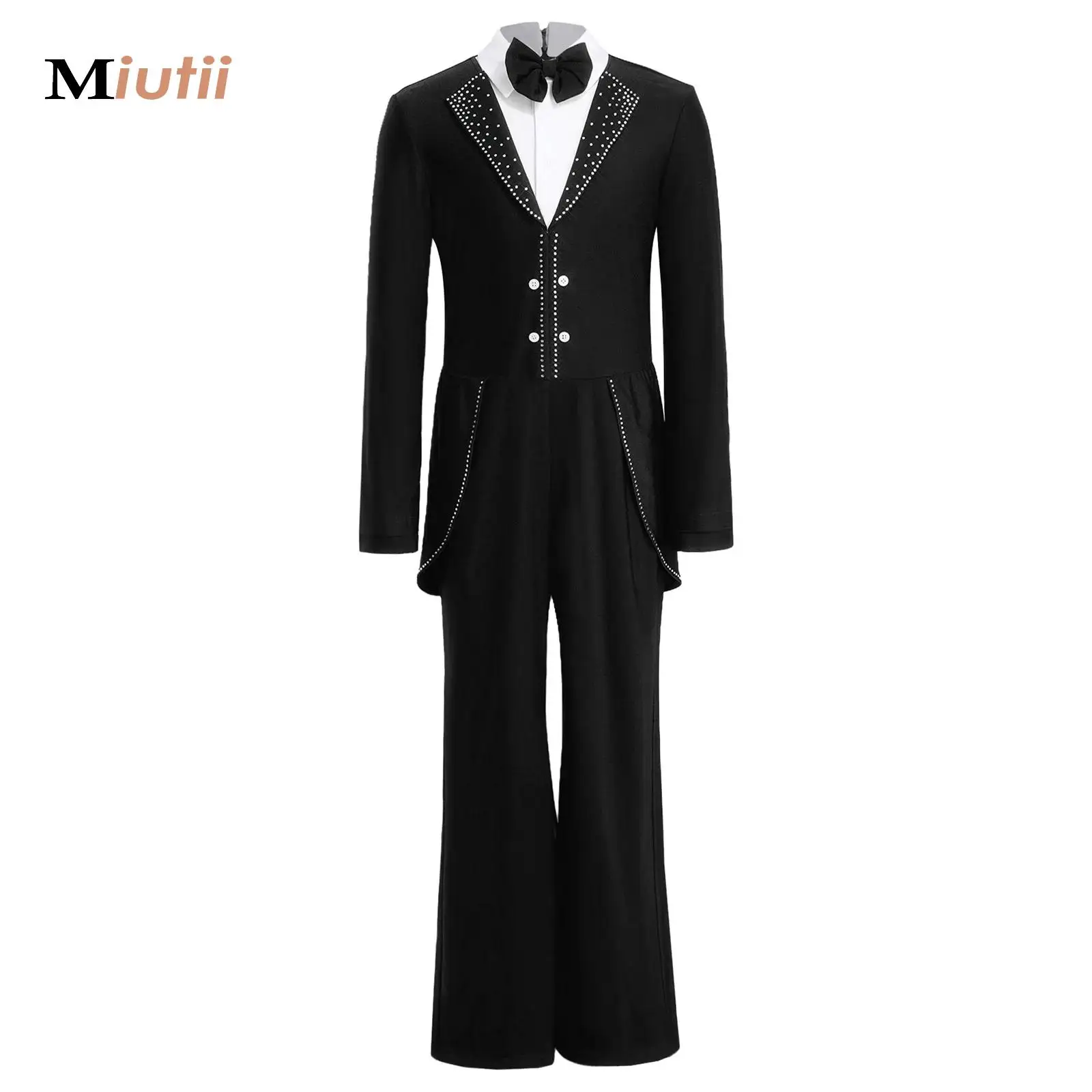 

Kids Boys Figure Skating Performance Competition Latin Dance Costume Bow Tie Long Sleeve Shiny Rhinestone Jumpsuit Unitards