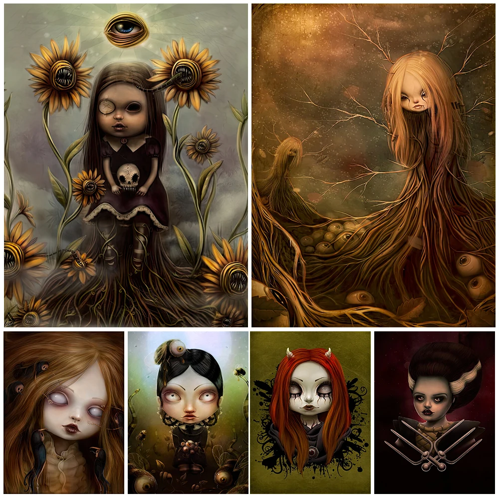 Gothic Horror Doll Wall Art Vintage Mysterious Girl Photographic Canvas Print Witchcraft Doll Dark Art Poster Print Home Decor