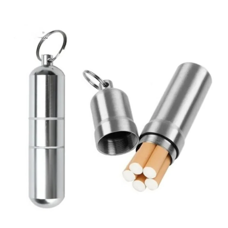 WE PUFF 1 Pc Metal Cigarette Case with Keychain Portable Mini Waterproof Cigarette Box for Outdoor Travel Silver Tobacco Case