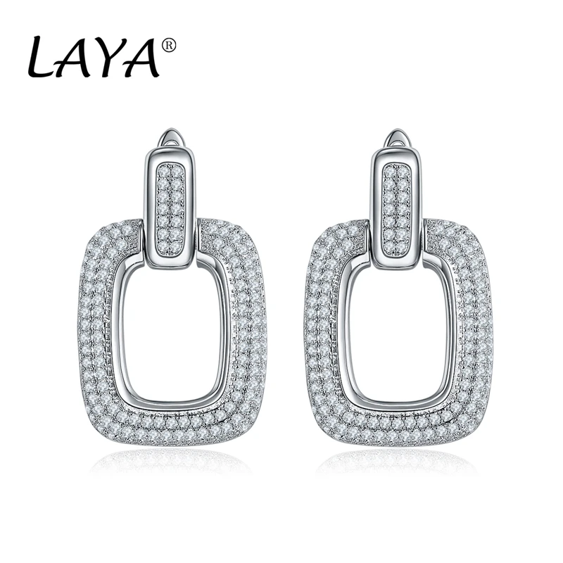 LAYA 925%100 Sterling Silver Luxury Clear Cubic Zirconia Chain Drop Earrings Ear Clip For Women Party Fashion Jewelry Gift