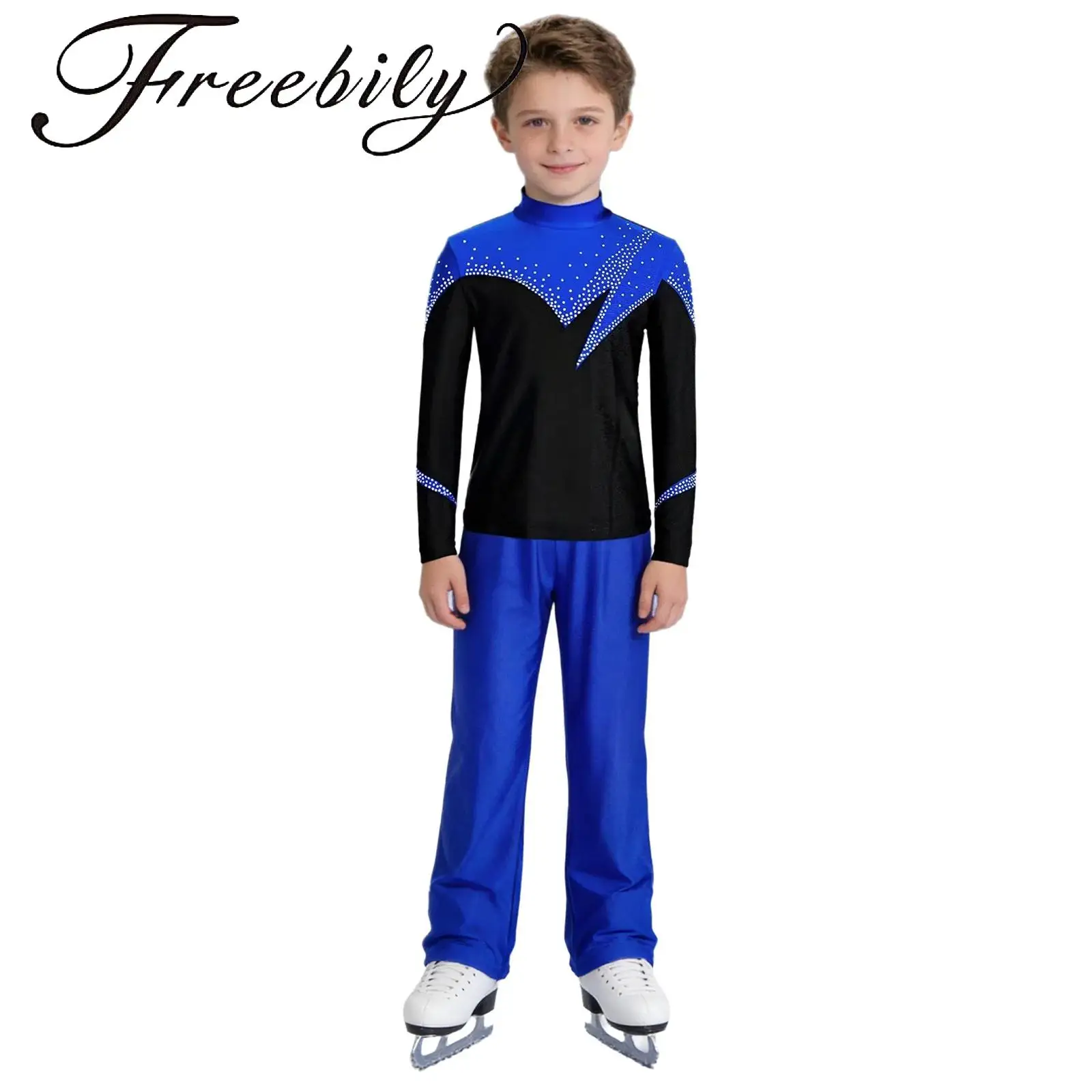 

Kids Boys Figure Skating Outfit Color Block Shiny Rhinestones Top with Elastic Waistband Pants for Competition Performance