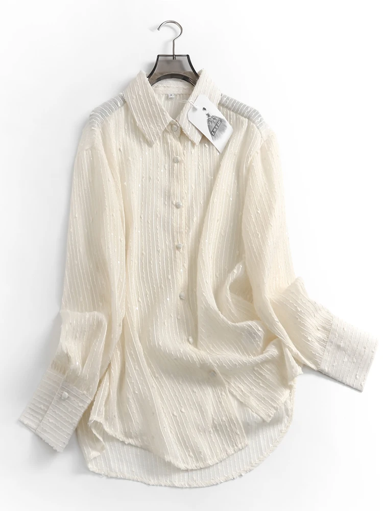 

Loose Fit Long Sleeve Pure Color Sequin Design Spring Autumn New Style Women's Shirt Flip Collar Single Button Polyester Blend