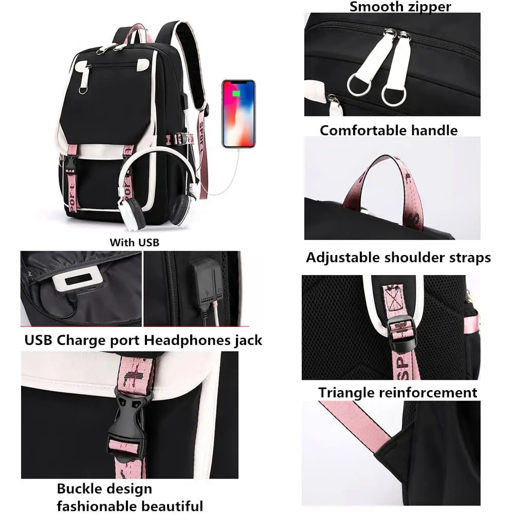 Mochilas escolares para meninos e meninas, mochila para estudantes universitários, mochila escolar kawaii, mochila de viagem, preto e rosa, moda Harajuku