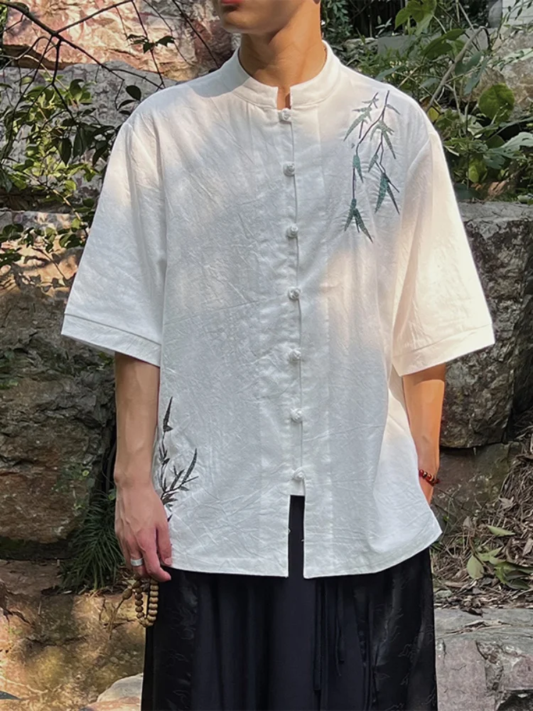 

New Chinese Sle Cotton Linen irt Men Summer Thin Bamboo Embroidery Button Stand Collar Top Improved Hanfu Trendy